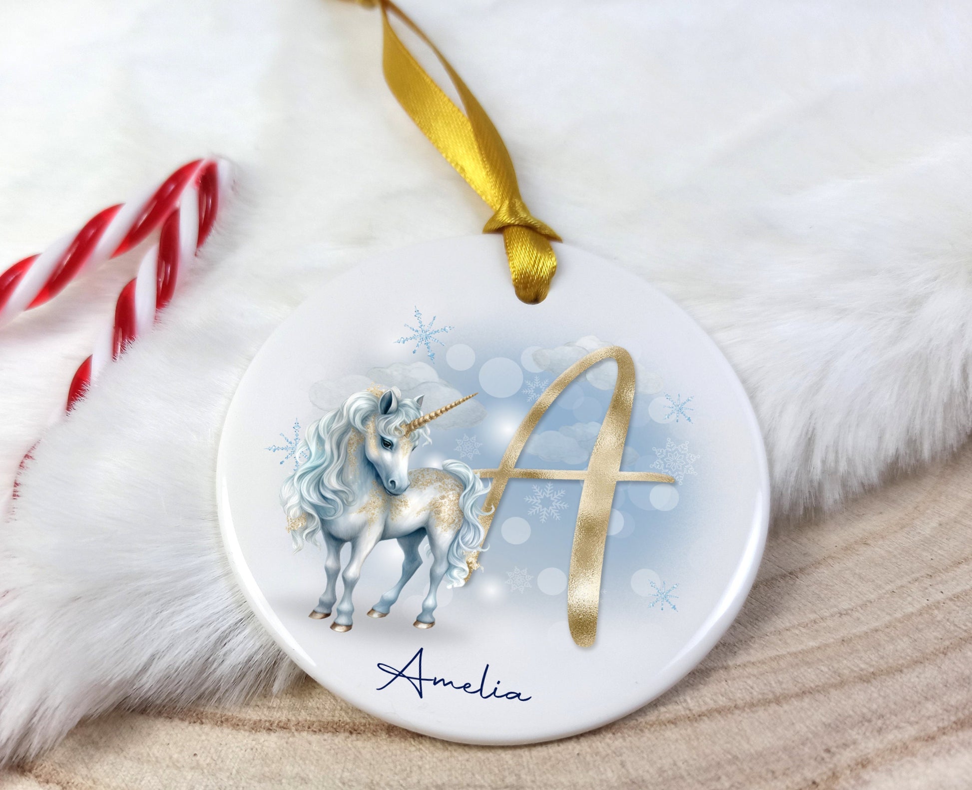 Decorative ornament with a unicorn design and personalised with name