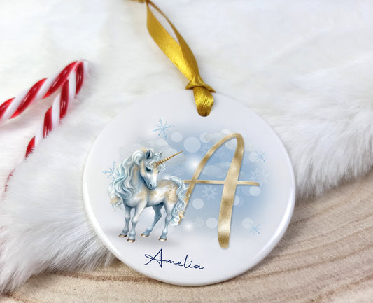 Decorative ornament with a unicorn design and personalised with name