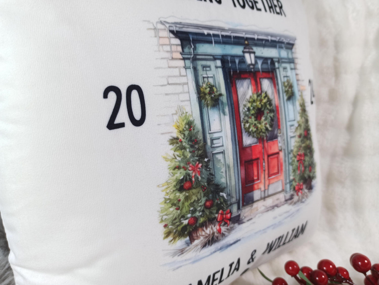 First Christmas Living Together Cushion. Personalised gift for couples.