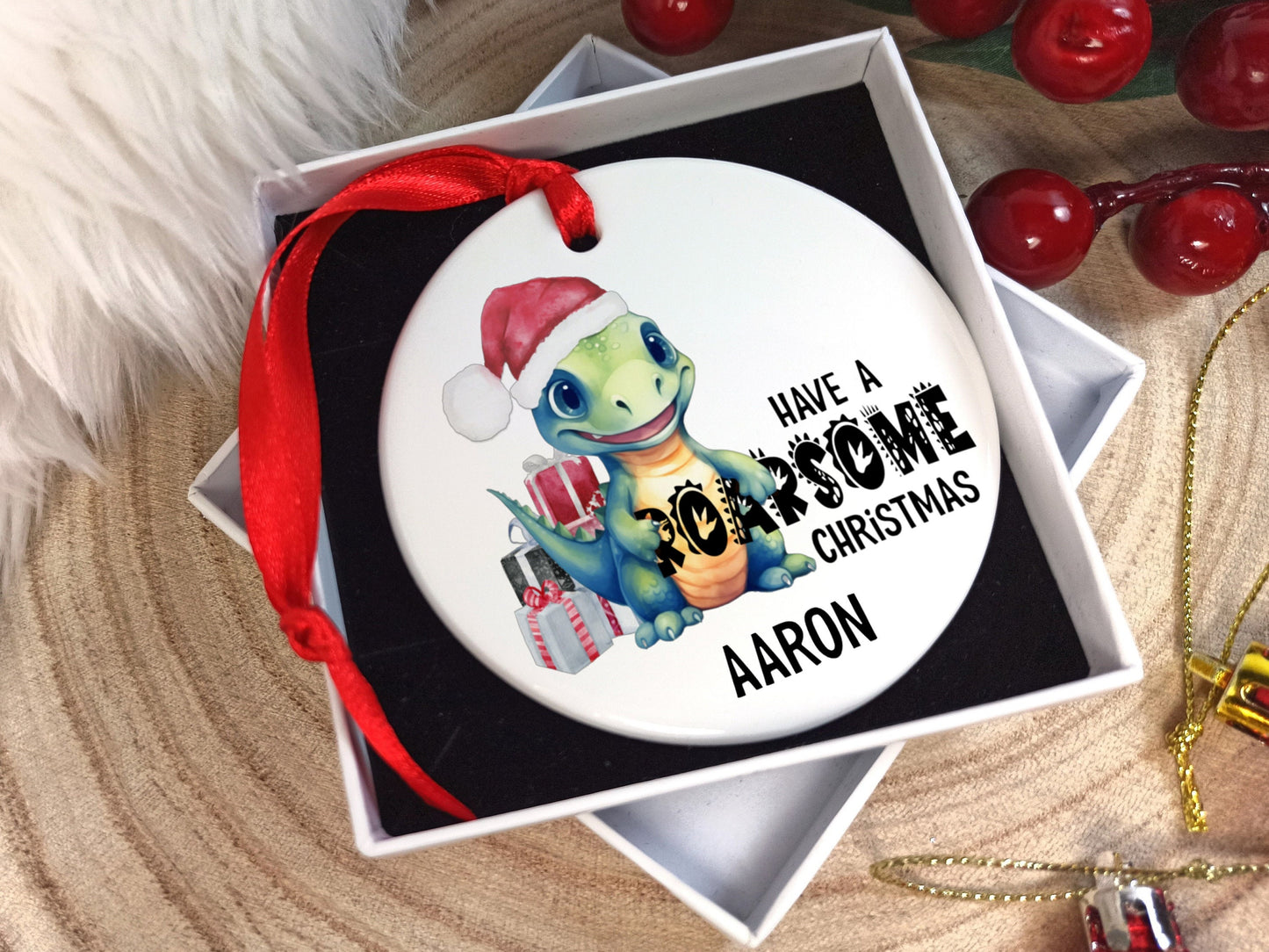 Dinosaur Ceramic Christmas Decoration Personalised with name