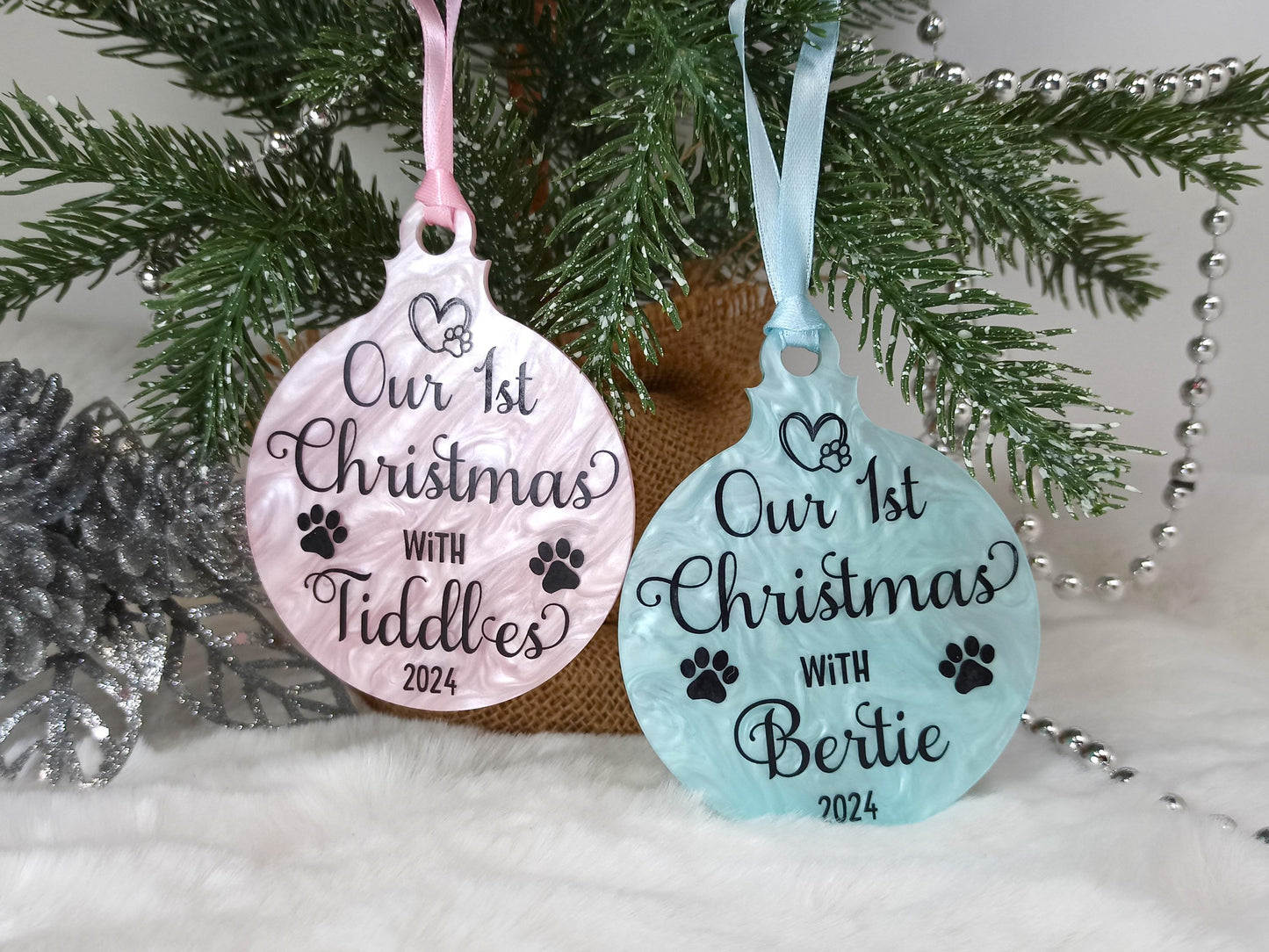 Our 1st Christmas with Cat or Dog, Pink Personalised Hanging Christmas Tree Decoration