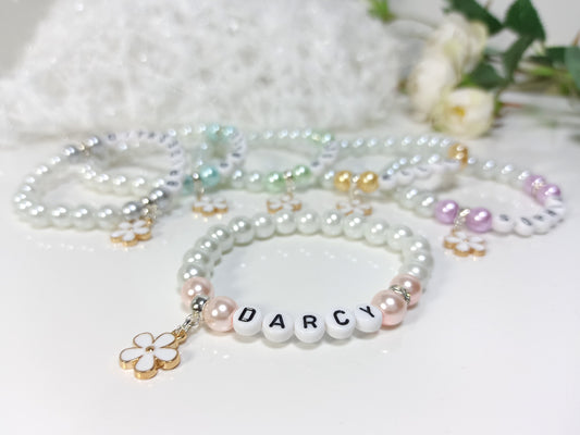 Flower Personalised Bracelet, Wedding gift for a Flower Girl, Bridesmaid