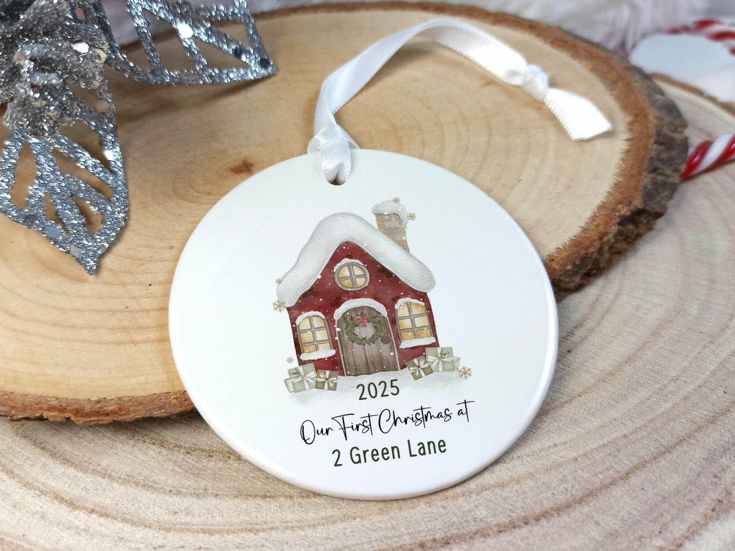 Our First Christmas at Personalised Address Ornament | Custom Ceramic Christmas Tree Decoration | New Home Gift with Gift Box
