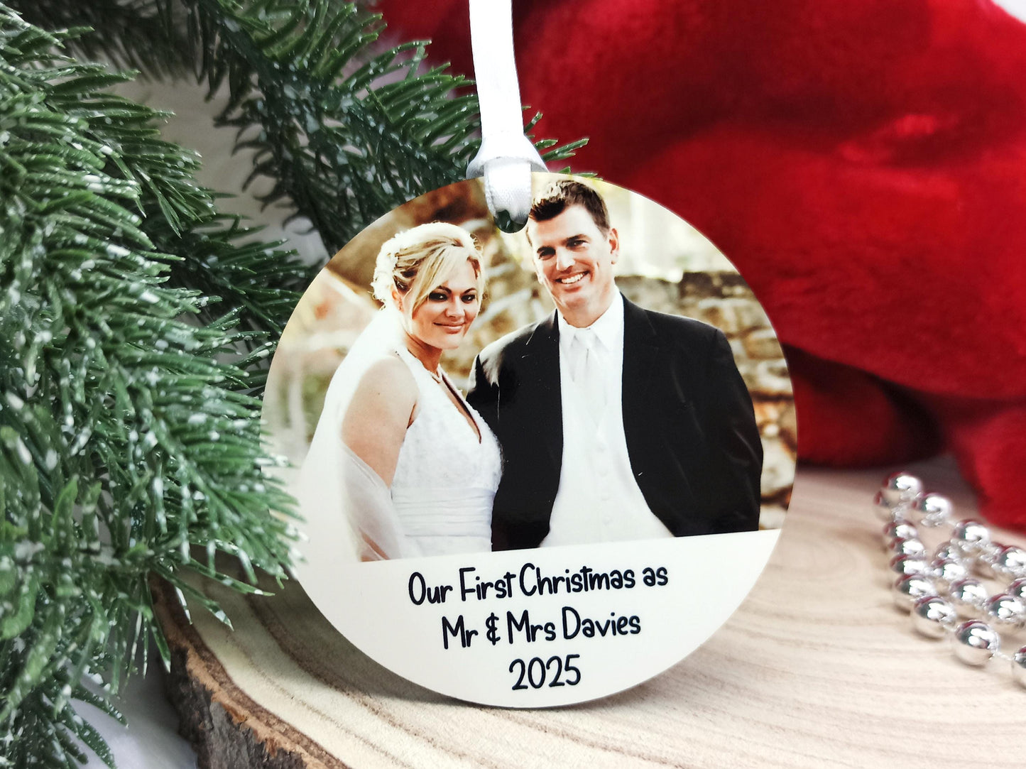 Our First Christmas as Mr & Mrs, Personalised Photo and Text Hanging Christmas
