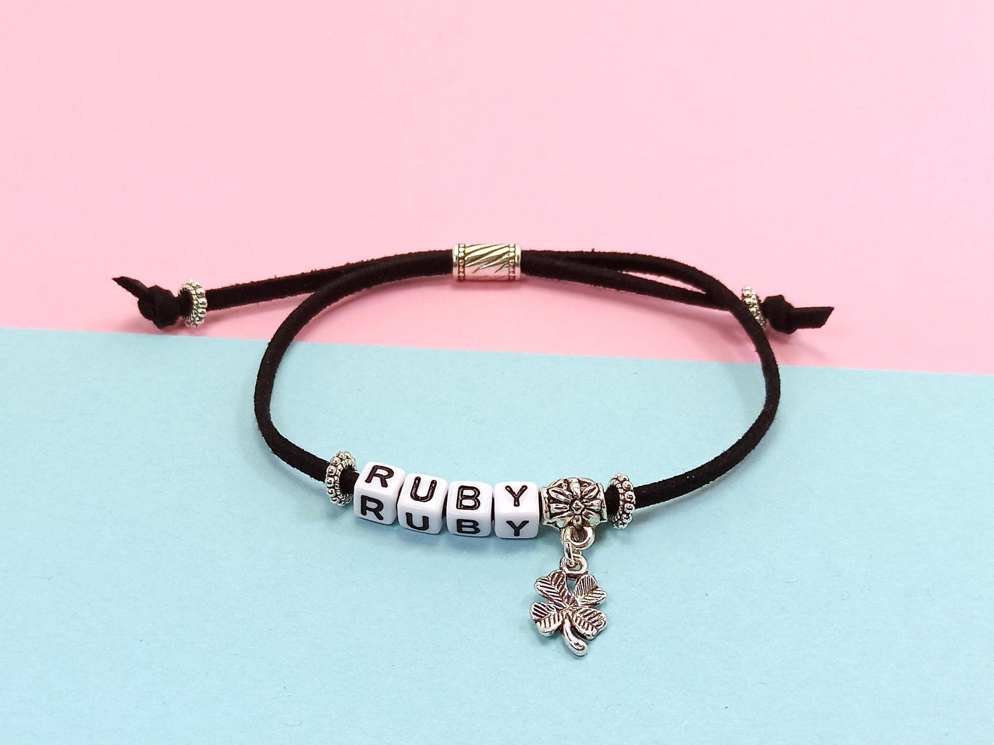 Good Luck Exams,  Personalised Bracelet with Name, Clover Charm