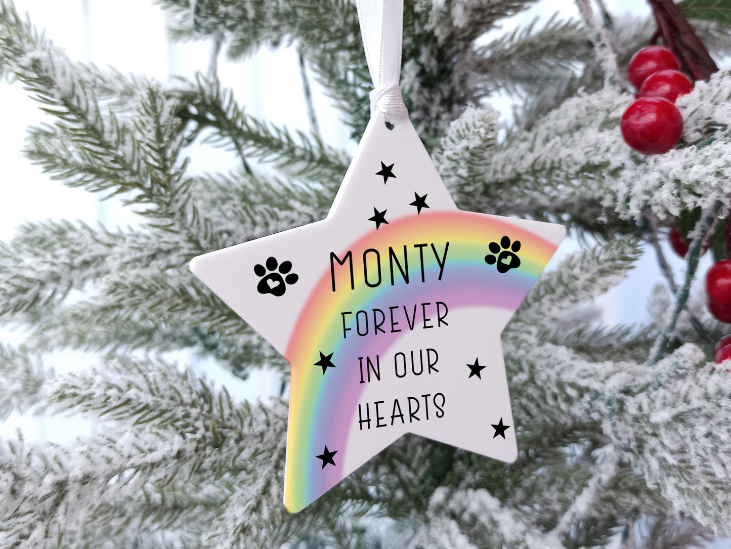 Pet Loss Personalised Star, Hanging Christmas Tree Decoration Rainbow Bridge