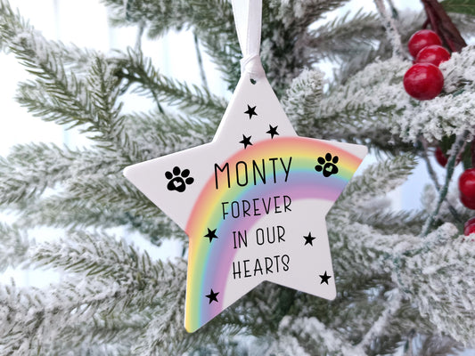 Pet Loss Personalised Star, Hanging Christmas Tree Decoration Rainbow Bridge