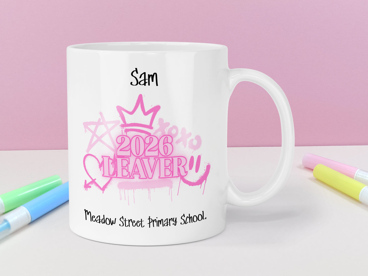 Personalised Leavers Mug 2026 School Graduation - Pink Graffiti