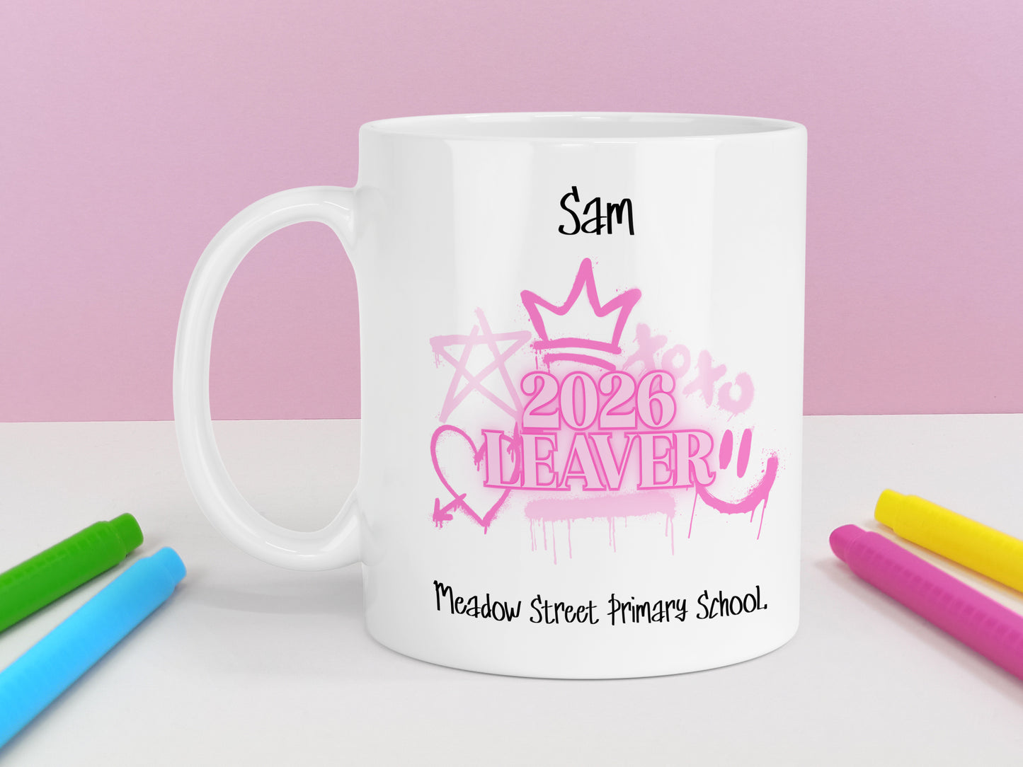 Personalised Leavers Mug 2026 School Graduation - Pink Graffiti