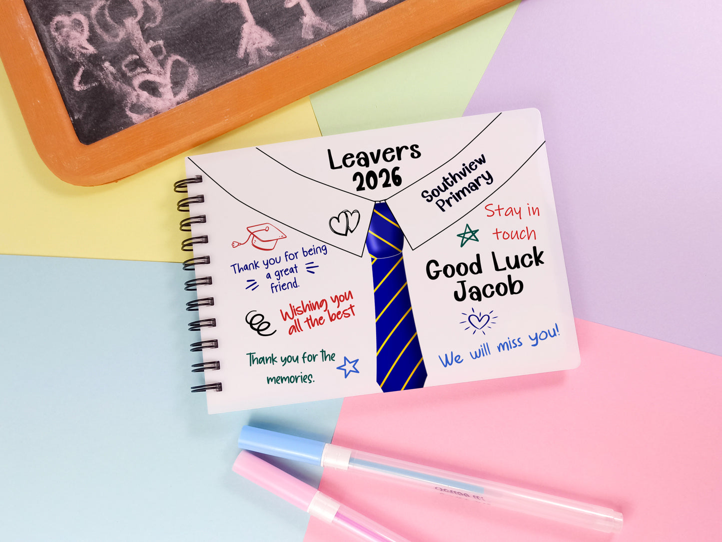 Personalised School Leavers Notebook A6 Custom Name & School Tie Design